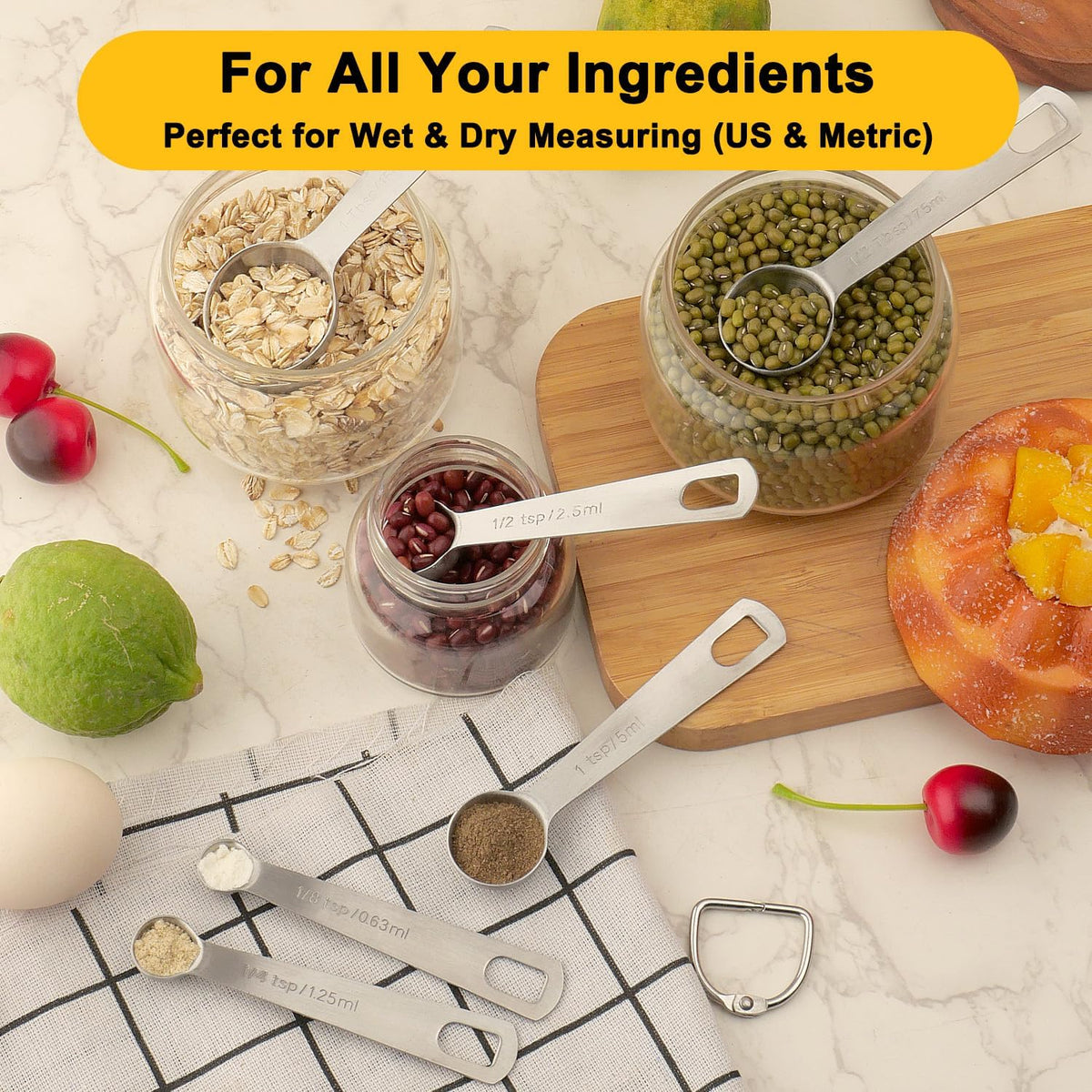 Stainless Steel Measuring Spoons Set, 6 Piece Metal Measuring Spoon Set for Dry & Liquid Ingredients, Heavy Duty 18/8 Steel with Engraved US & Metric Marks, Nesting Kitchen Spoons for Cooking Baking