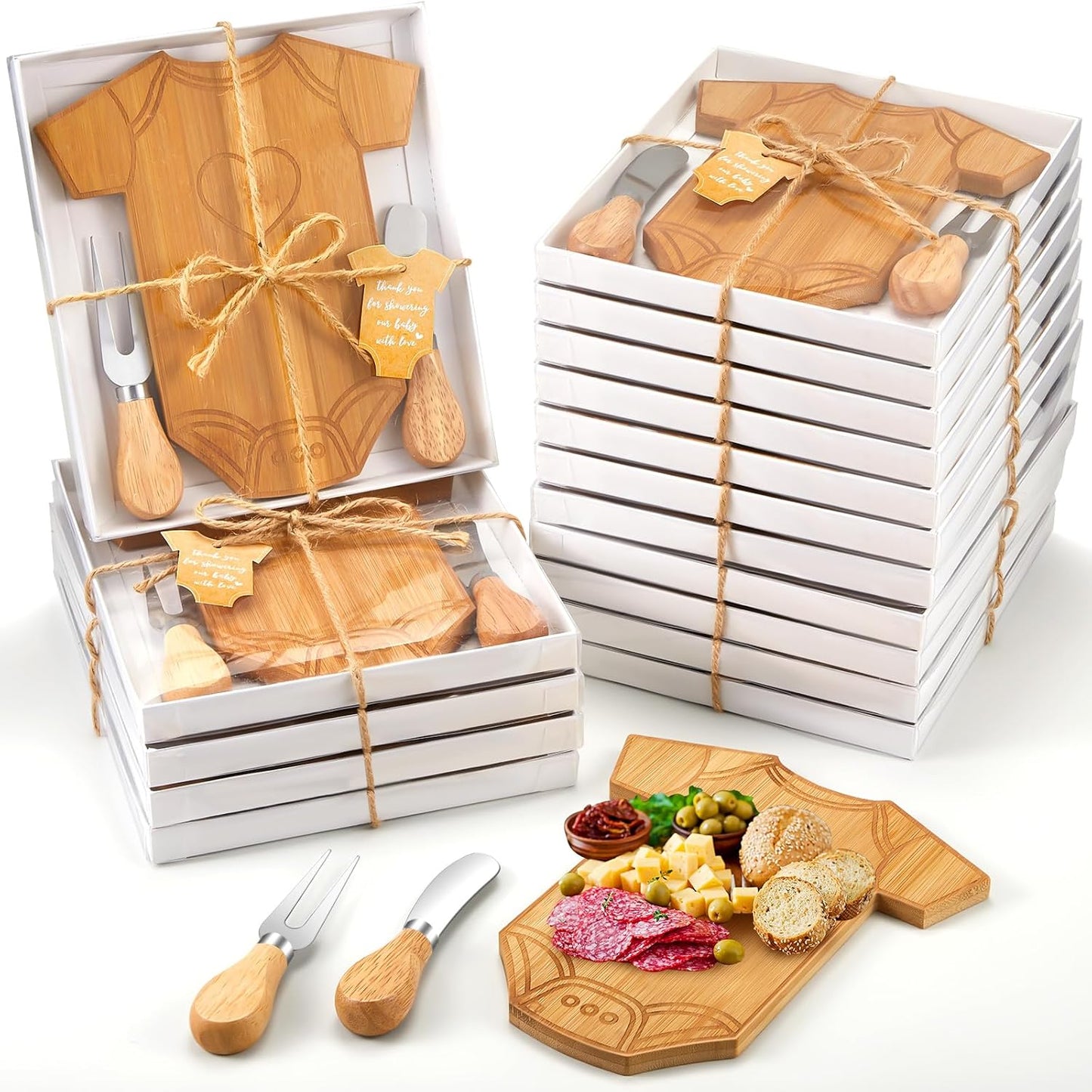 Ziliny 2 Set Baby Shower Gifts for Guests Clothing Mini Charcuterie Board with Knives Forks Gift Boxes Shaped Cheese Board Party Favors Baby Shower Game Prizes Gender Reveal Favors (Bamboo)