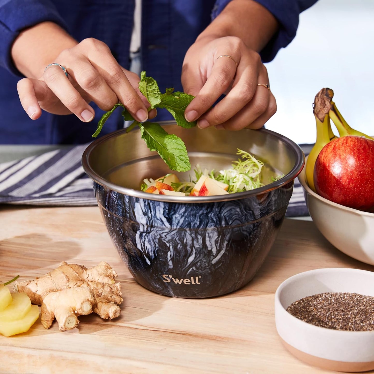 S'well Stainless Steel Salad Bowl Kit 64oz, Peacock Blue, Comes with 2oz Mini Canister and Removable Tray for Organization, Leakproof, Easy to Clean, Dishwasher Safe