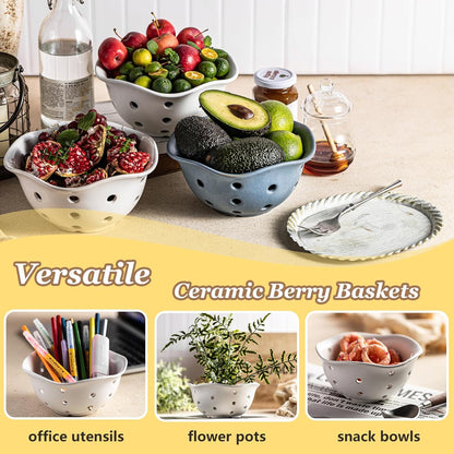 Gomakren Berry Bowls with Holes Ceramic, Berry Washing Bowl Basket Set of 2, 5.8 Inch Round Fruit Bowl Storage Containers, Strawberry Baskets, Farmhouse Kitchen Decor, Yellow + Brown