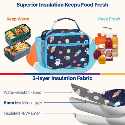Bagseri Kids Lunch Bag Boys - Thermal Insulated Lunch Box Tote with Water Bottle Holder, Reusable Leak-Proof Kids Lunch Box for Daycare & School, Black Dinosaur (Containers Not Included)
