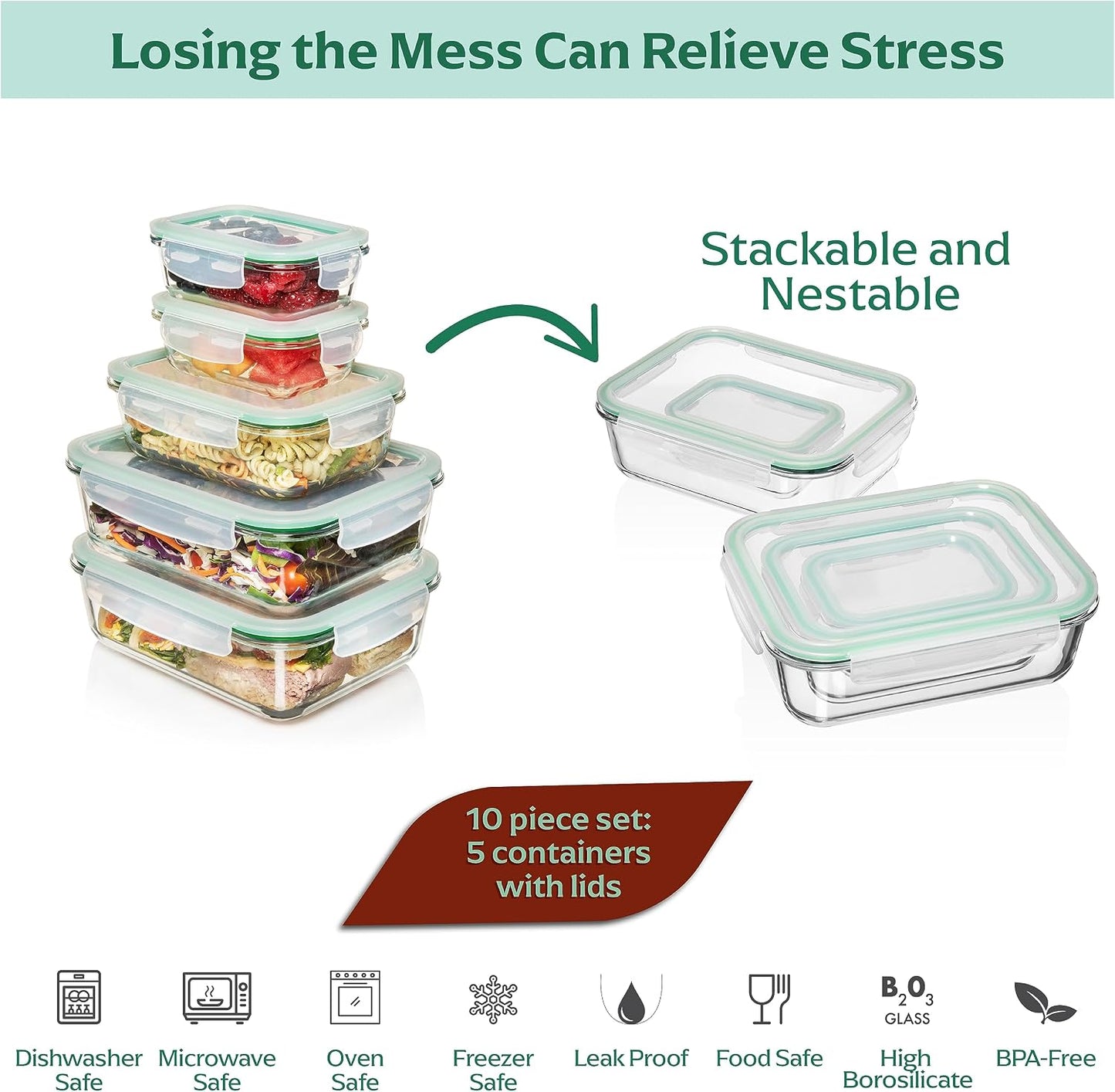 Fusion Gourmet 8 Pack 35 oz Glass Storage Containers with Lids - Airtight, Leakproof, Oven, Microwave & Freezer Safe, Stain & Odor Resistant, Reusable Meal Prep Containers (16-Piece)