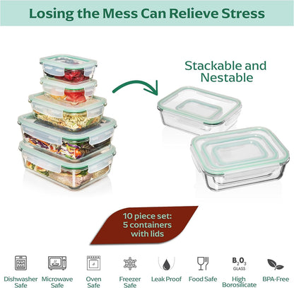 Fusion Gourmet 8 Pack 35 oz Glass Storage Containers with Lids - Airtight, Leakproof, Oven, Microwave & Freezer Safe, Stain & Odor Resistant, Reusable Meal Prep Containers (16-Piece)