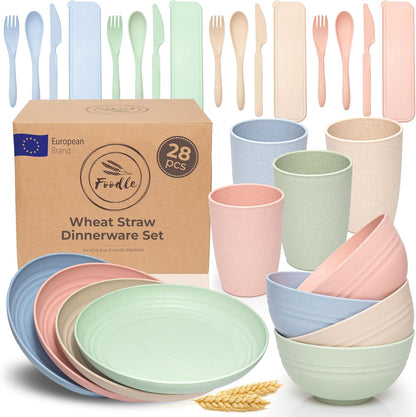 FOODLE Wheat Straw Dinnerware Set - BPA Free & Safety Tested - Microwave & Dishwasher Safe Dishes - Perfect for Camping, Picnic, RV, Dorm - Plates, Cups and Bowls - Great for Kids & Adults - For 4