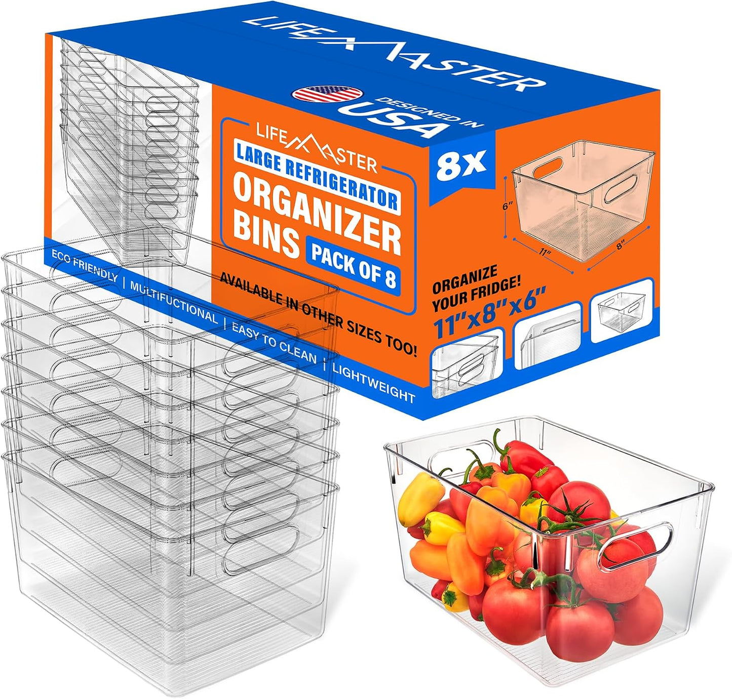 Lifemaster Stackable Refrigerator Bins - Set of 6 Large Capacity Organizers with Easy Grip Handles - Clear and Versatile for Kitchen Storage