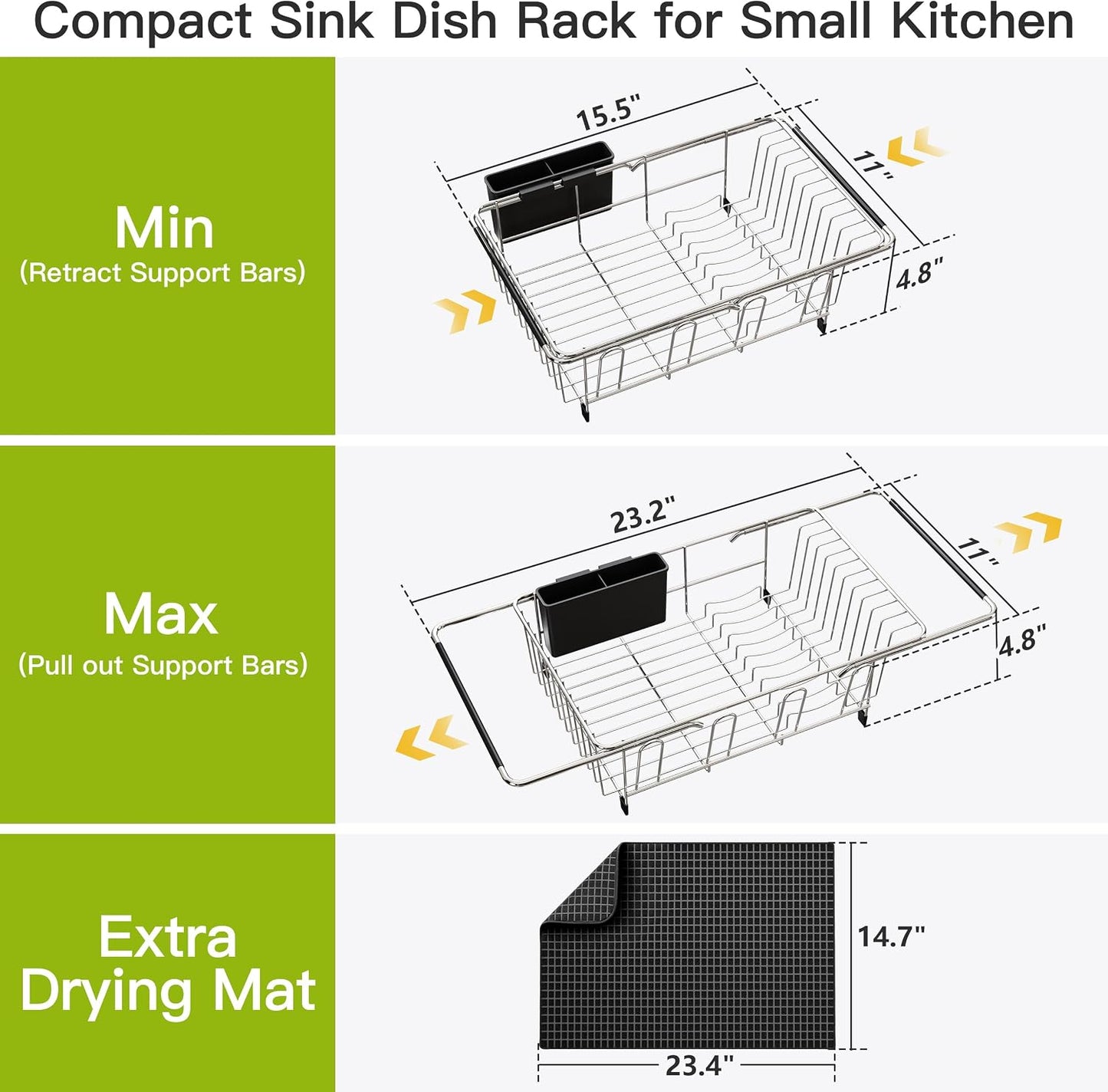 JASIWAY Dish Drying Rack in Sink, Expandable Stainless Steel Dish Drainers for Kitchen Counter, Dish Dryer Rack for Inside Sink, Over The Sink Dish Racks with Utensil Holder, Silver