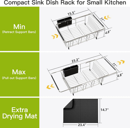 JASIWAY Dish Drying Rack in Sink, Expandable Stainless Steel Dish Drainers for Kitchen Counter, Dish Dryer Rack for Inside Sink, Over The Sink Dish Racks with Utensil Holder, Silver
