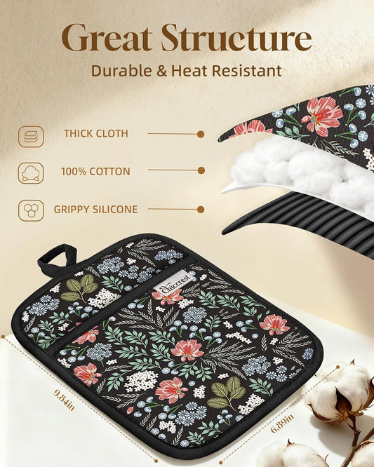 100% Thick Cotton Pot Holders Ribbed Soft Silicone Bright Flower