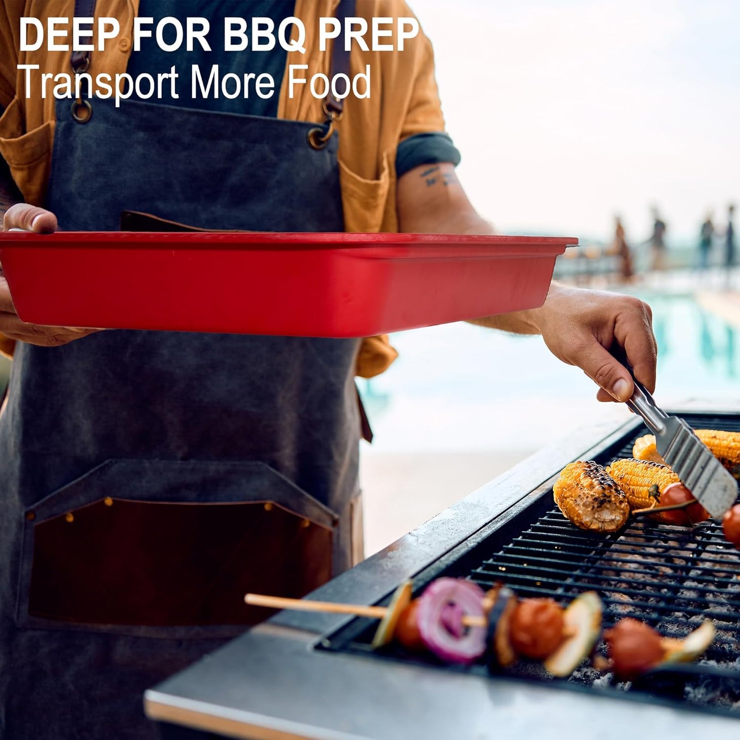 Czlizdyt Deep Grilling Prep and Serve Trays with lid 6-Piece Pack, BBQ Tray for Marinating Raw and Cooked Food, Diswasher Safe Nesting Trays Black in Red