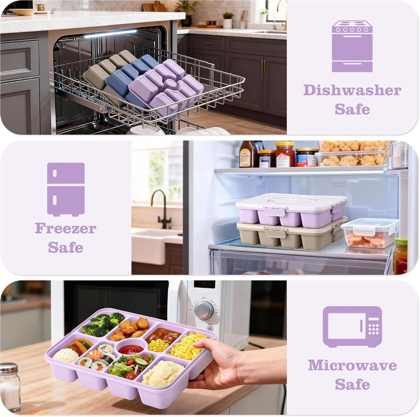 Snackle Box Container, Divided Serving Tray with Lid and Handle, 9 Compartments Snack Box Container for Adults, Portable Charcuterie Serving Platter for Candy Fruit, 9.9 Cups, White Grey