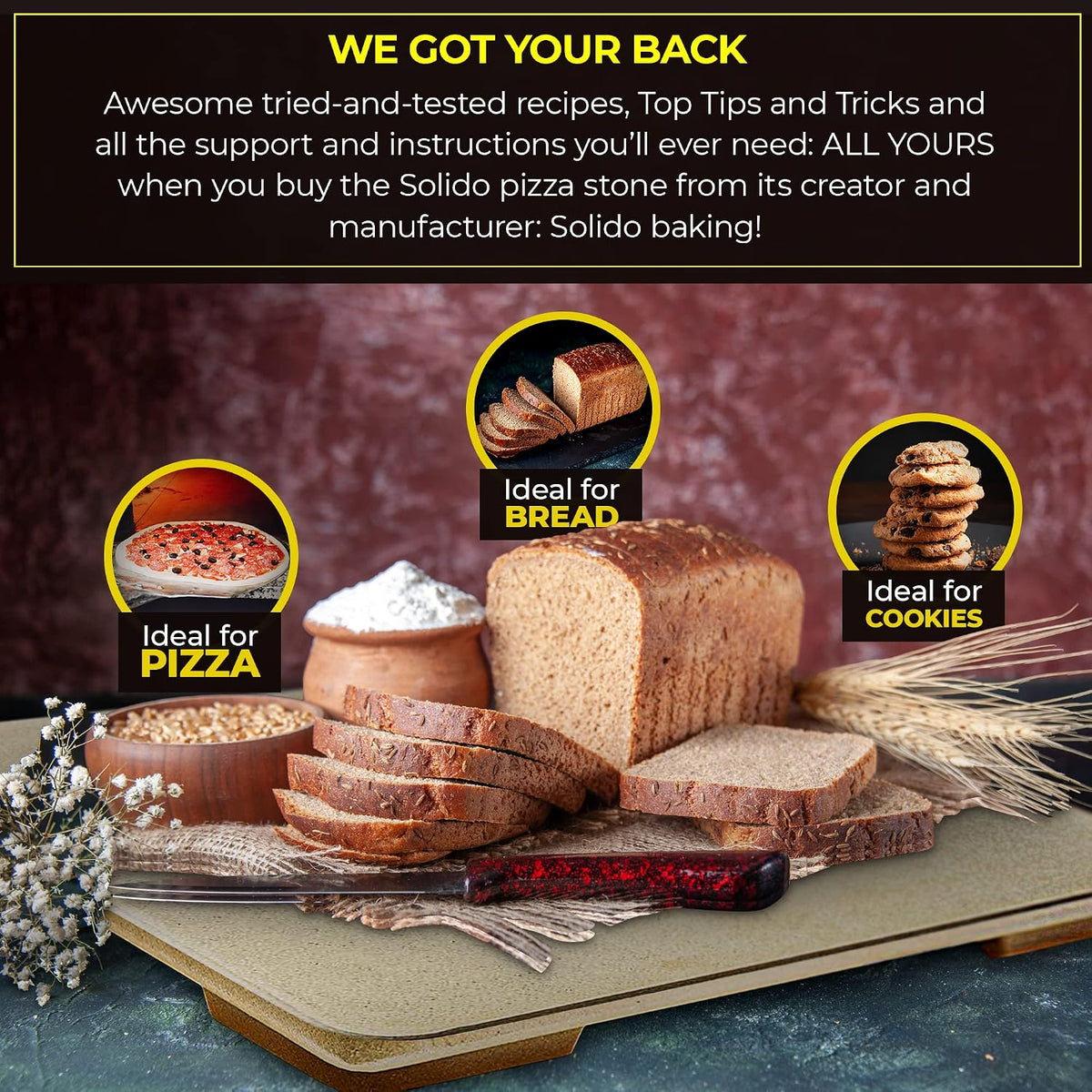 Pizza Stone - Baking Stone. SOLIDO Rectangular 14"x16" - Perfect for Oven, BBQ and Grill