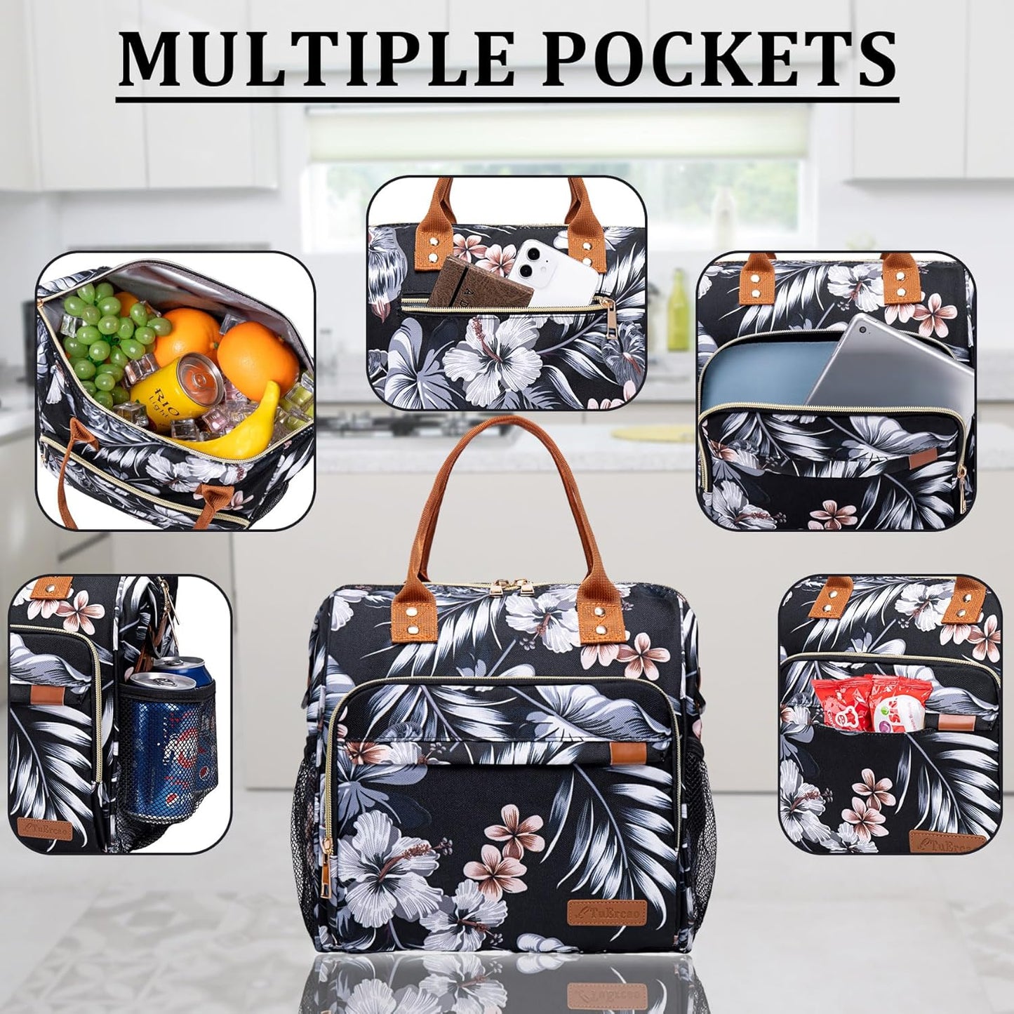 TuErCao Small Lunch Bag Lightweight Insulated Lunch Box for Women Work Portable Soft Cooler for Picnic Travel Road Trips, Loncheras para Mujer, Black