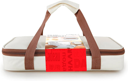 Glass Casserole with Insulated Carry Bag - 3 Quart Capacity, Microwave, Oven, and Freezer Safe, Includes Lid and Carry Bag. Overall Size 13.75"x 8.5"x 2" - Beige
