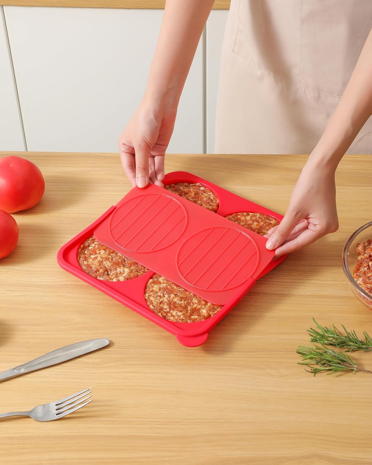 AUOON Silicone Burger Press for 4.5" 1/4-1/3 lb Patties - 4 in 1 Hamburger Press Patty Maker for Kitchen BBQ, Non-Stick Burger Patty Mold for Beef Veggie, Dishwasher Safe & Freezer Storage (Red)