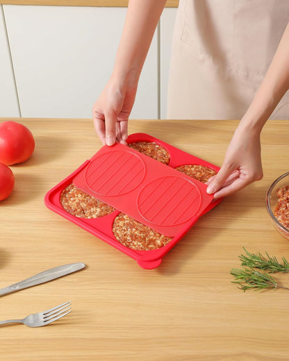AUOON Silicone Burger Press for 4.5" 1/4-1/3 lb Patties - 4 in 1 Hamburger Press Patty Maker for Kitchen BBQ, Non-Stick Burger Patty Mold for Beef Veggie, Dishwasher Safe & Freezer Storage (Red)