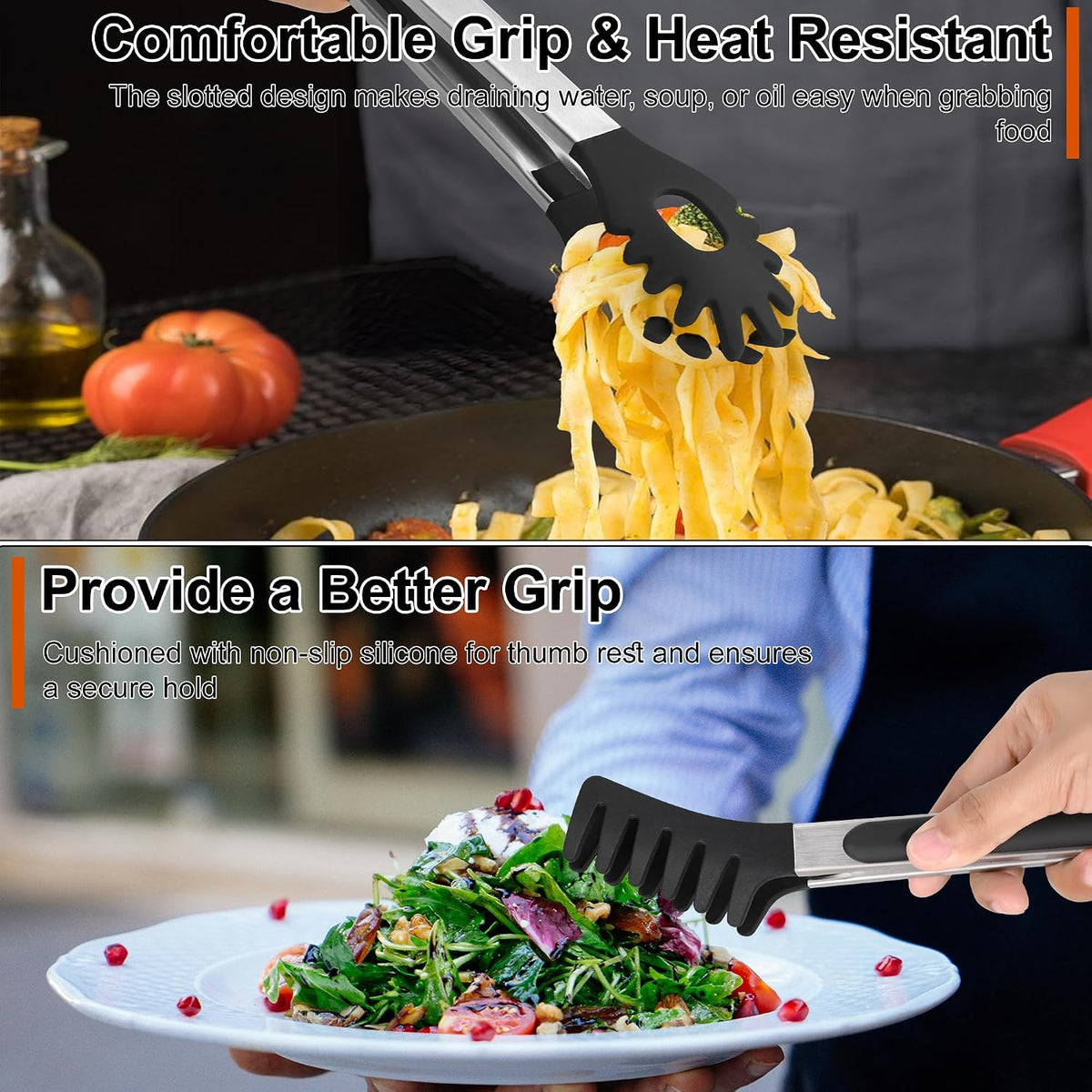 Kitchen Tongs with Silicone Tips, 9" & 12" Silicone Tongs for Cooking