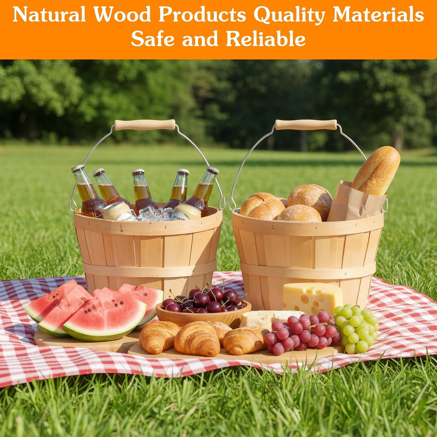 COMNICO 2 Pack Round Wooden Baskets, Handwoven Empty Wood Fruit Buckets with Metal Handle Natural Color Easter Basket for Garden Home Party Market Supplies