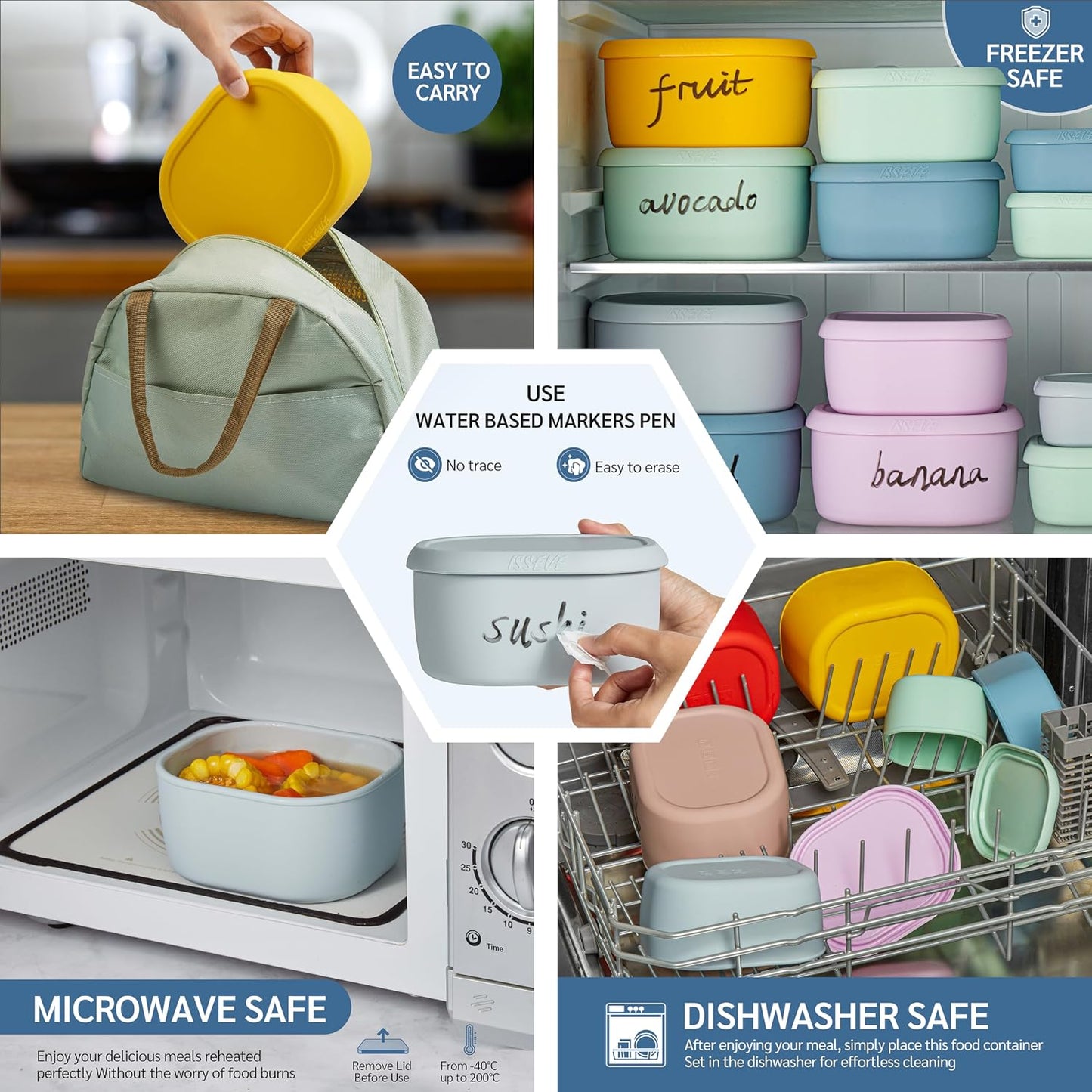 ISSEVE 6Pcs/Set Nesting Silicone Food Storage Containers with Lids, BPA Free Reusable Meal Prep Silicone Containers Lunch Box Bento Box Set (33.8oz, 20oz, 10oz, 6.7oz, 1.3oz) (Purple)
