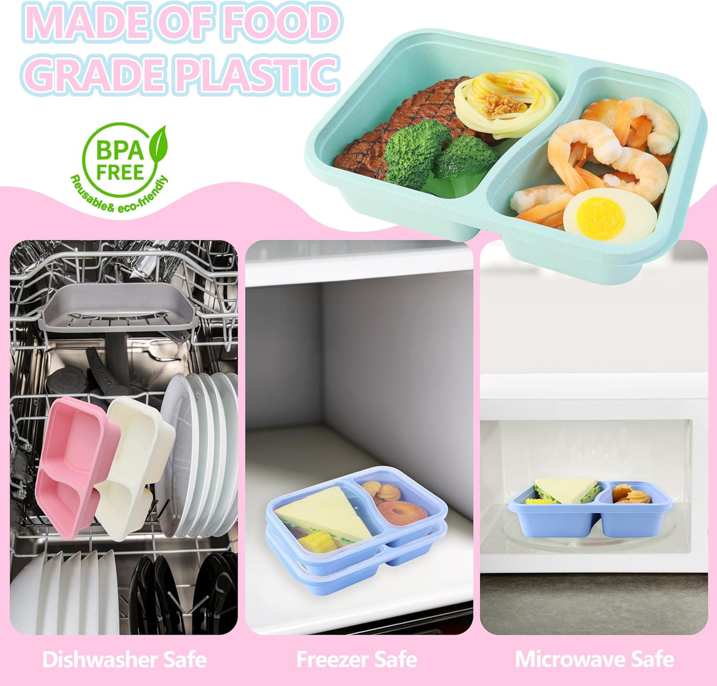 Finorder 6 Pack 4-Compartment Snack Containers, Reusable Food Containers for Kids School, Adults Office, Picnic Trip, Lunch Bento Box Meal Prep Containers (Bright Color Set)
