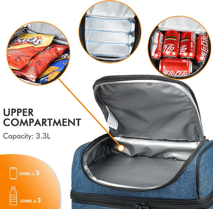 Tirrinia Reusable Lunch Box for Men Women, Insulated Lunch Bag Adult Work, Double Decker Leakproof Lunchbox for Office Picnic Beach—Dual Compartment Lunch Cooler Bag
