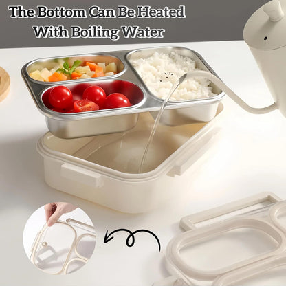 Stainless Steel Lunch Box for Kids, 3-Compartment Bento Box with Lid | Leakproof, Eco-Friendly Metal Food Container for School, Work, Picnic | Easy to Clean & Microwave Safe (White)