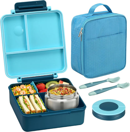 Itslife Bento Lunch Box for Kids with 8oz Soup Thermo&Lunch Bag, Leak-Proof Lunch Food Containers with 4 Compartment, Hot Food Insulated Food Jar for Kids School (Green)