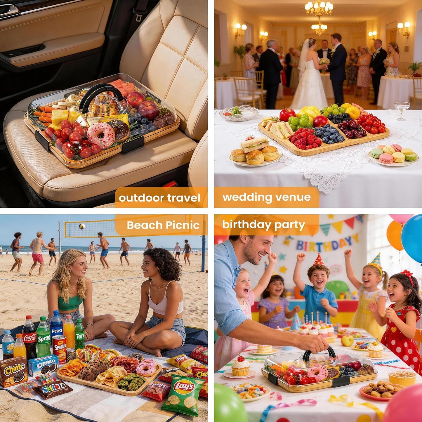 Charcuterie Board with Clear Lid, Portable 6-Compartment Cheese & Snack Tray, Reversible Bamboo Cutting Board, Secure Latch Closure for Picnics, Parties & Light Travel, Housewarming Gift