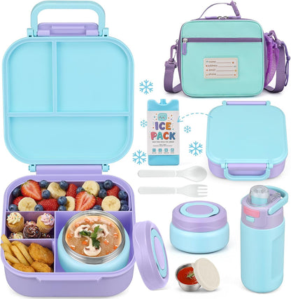 Bento Lunch Box for Kids with 7oz Soup Thermo,Insulated Stainless Steel Kids Water Bottle with Straw and Insulated Lunch Bag,Leak-Proof Lunch Food Container with Ice Pack for School (Purple-Mermaid)