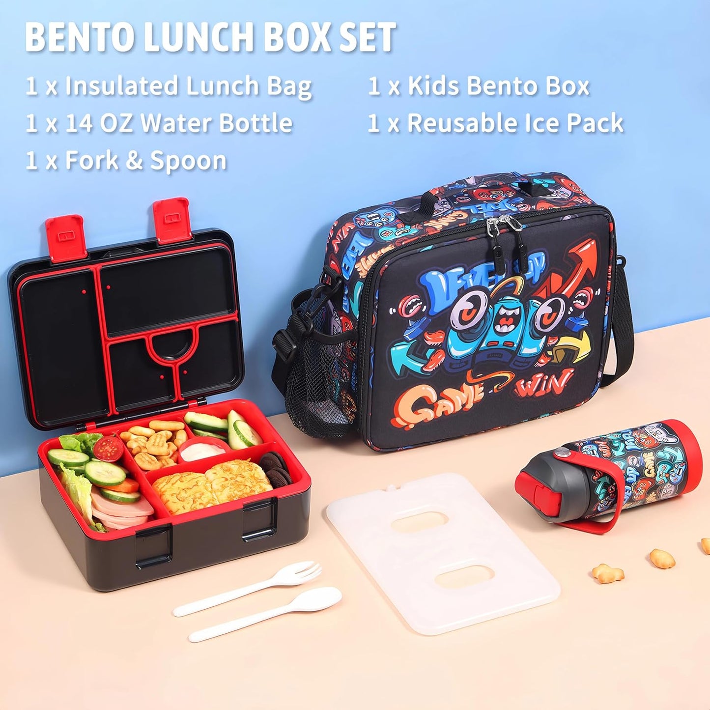 rockpapa Chill Kids Lunch Box Set with Leakproof 5.5 Cups Bento Box, Reusable Ice Pack, 14oz Insulated Water Bottle & Lunch Bag, BPA-Free Microwave Safe for School Boys Girls (Black Games)