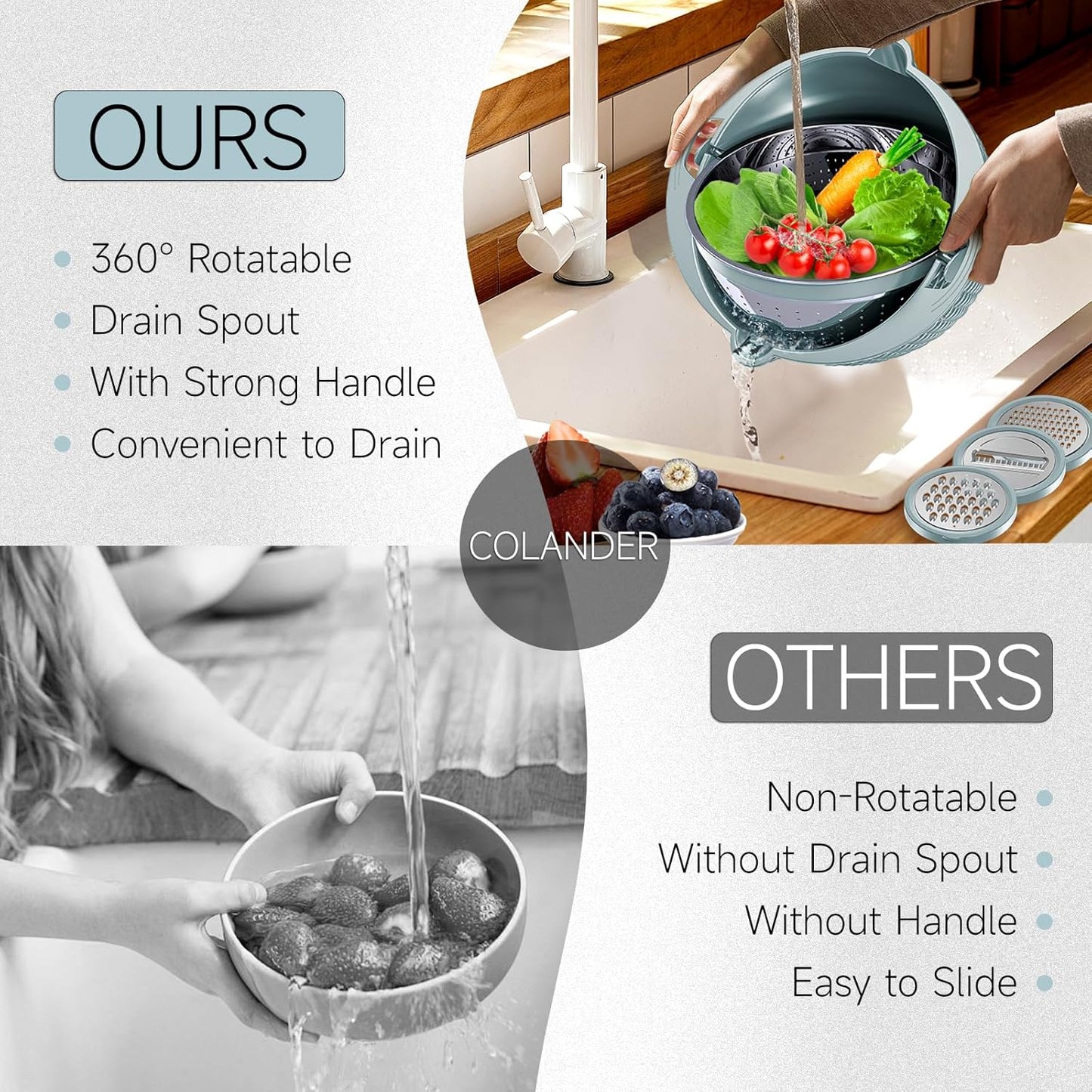 4-1 Colander with Bowl & Spoons Set - Rotatable Colander for kitchen with New Upgraded Graters, Food Strainer(Patented) for Pasta, Fruits, Vegetables, Funny Presents for Women, Beige