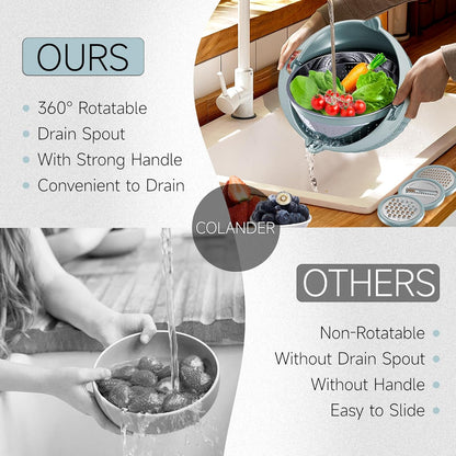 4-1 Colander with Bowl & Spoons Set - Rotatable Colander for kitchen with New Upgraded Graters, Food Strainer(Patented) for Pasta, Fruits, Vegetables, Funny Presents for Women, Beige