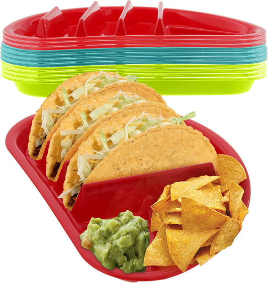 Arrow Home Products Fiesta Taco Plate, 12 Pack - Each Plate Includes 3 Taco Holders Plus 2 Compartments - BPA Free Plastic, Made in the USA, Dishwasher Safe - Assorted Colors