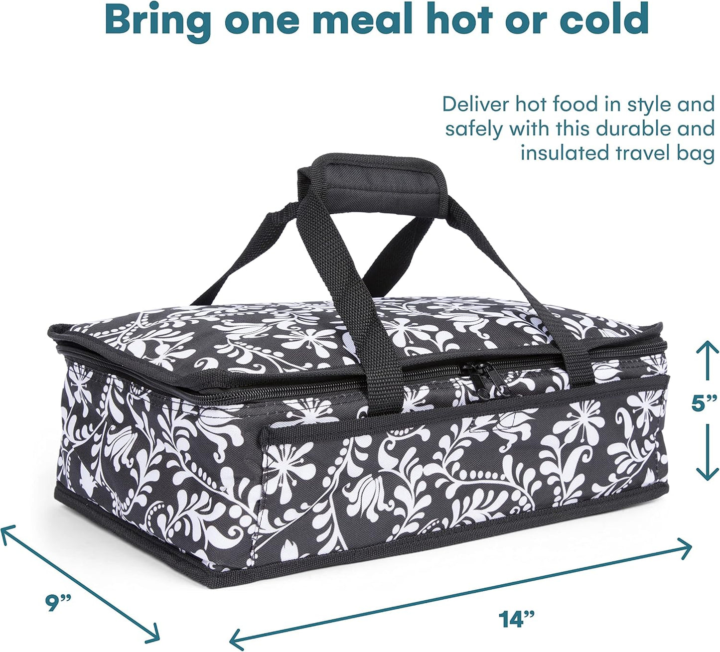 Dawhud Direct Insulated Casserole Carrier for Hot or Cold Food - Portable Casserole Dish Carrier with Handles - Black and White Design - 13 x 8 x 4 Inches Food Warmer Bag for Travel and Picnics