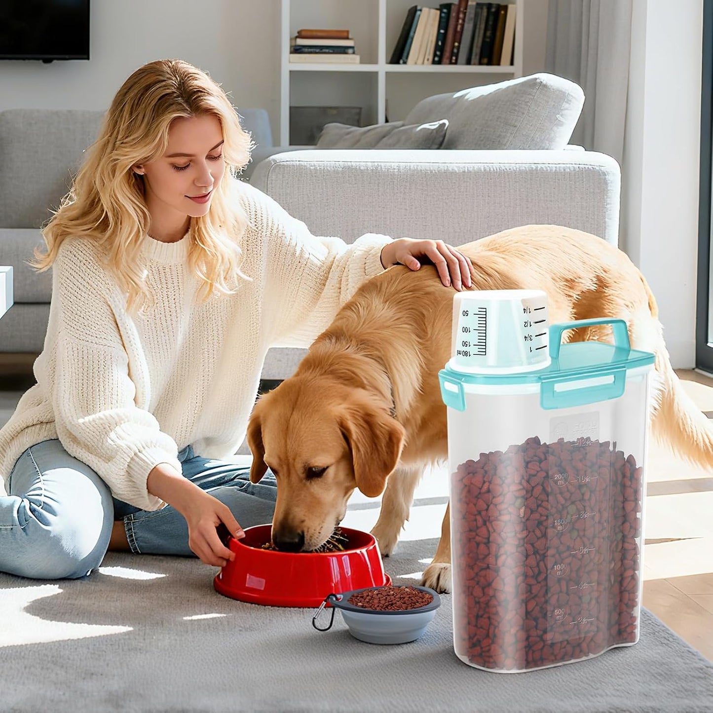 LEAWALK Airtight Small Cat Dog Pet Food Storage Containers BPA Free, with Large Pour Spout/1 Measuring Cup/ 4 Safety Locks and Double-layer Silicone Strip (Olive Gray x 2, 3L-2pack)