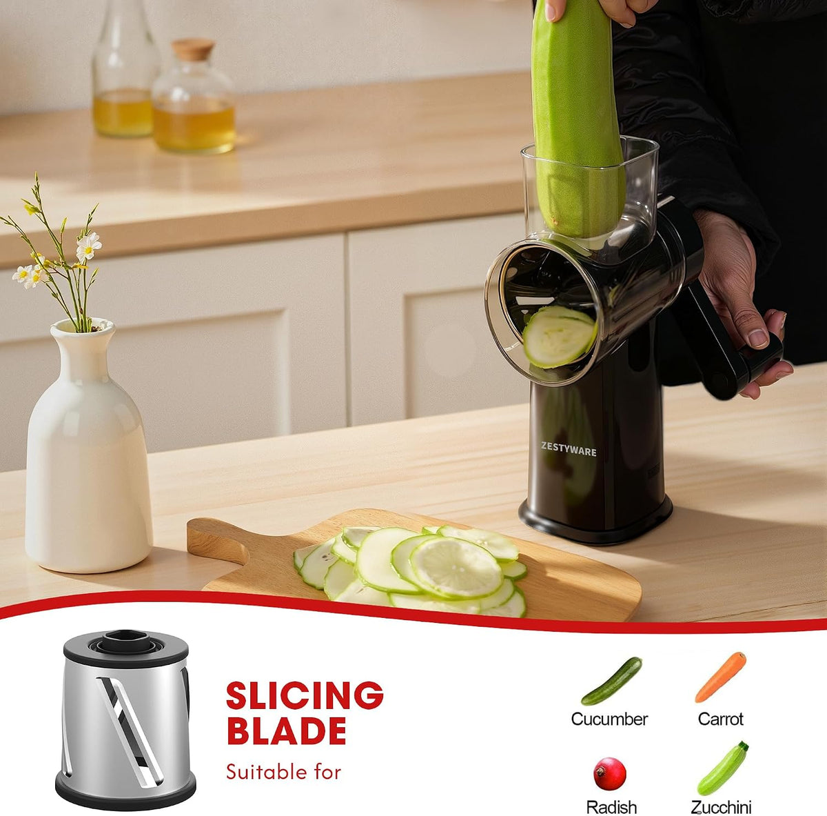 Rotary Cheese Grater Hand Crank with Foldable Handle, Three Blades