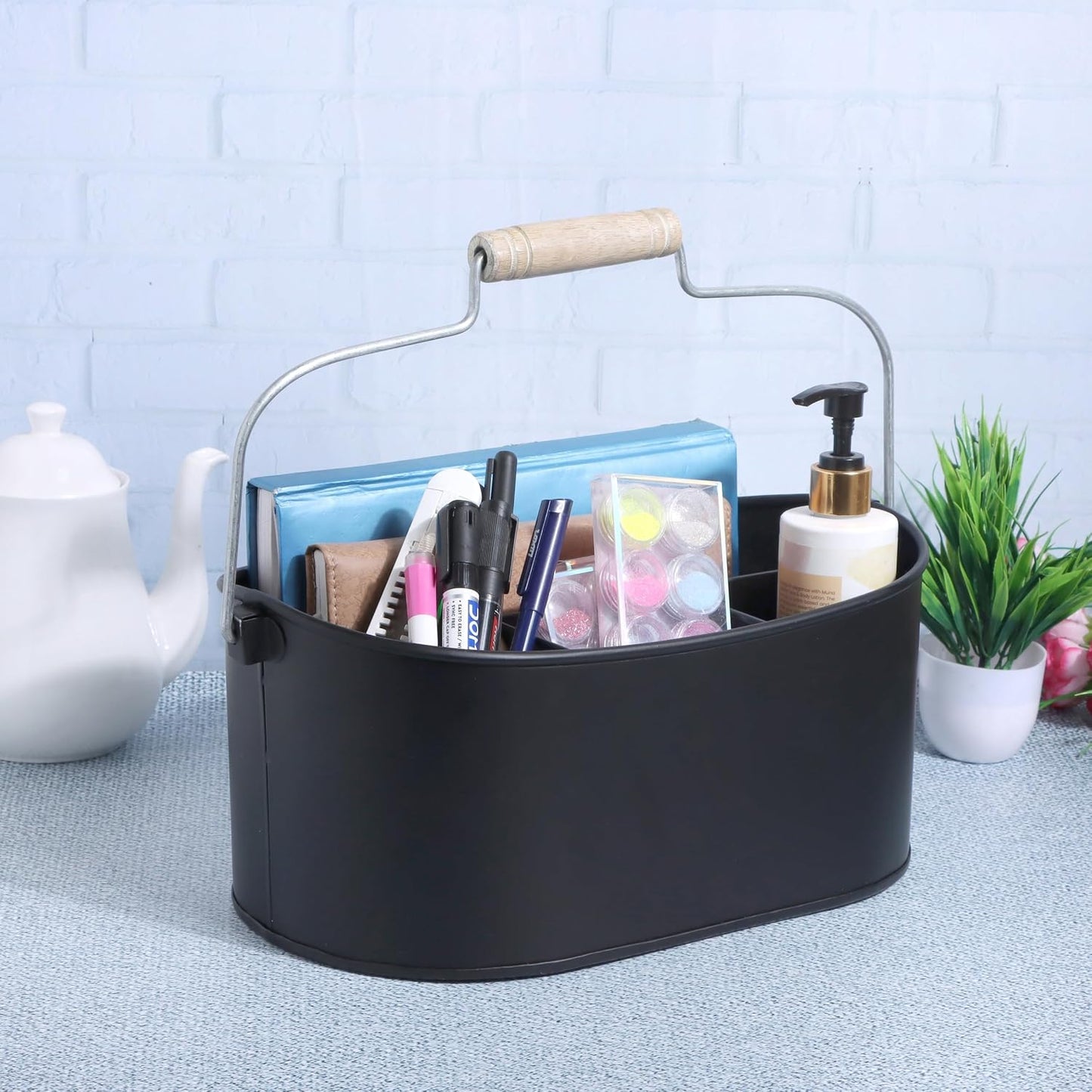Alpha Living Home Galvanized Metal Utensil Caddy - Rustic Farmhouse Organizer Metal Garden Caddy with 4 Compartments and Wooden Handle for Kitchen, Buffet & Outdoor Events (Silver)