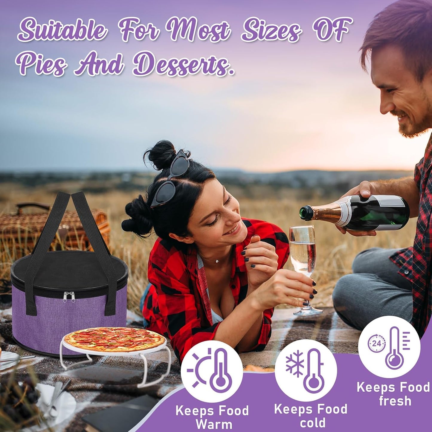 Yaomiao 2 Set Round Pie Carrier 11 x 7 Inch with Dish Tray Plate Stacker Insulated Casserole Carrier with Lid and Handle Reusable Cooler Thermal Bag for Cold Food for Potluck Picnic (Black and Purple)