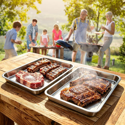20" Stainless Steel Grill Carry System, 4-Piece Deep & Shallow Trays with Lid and Cutting Board, for BBQ Meat Marinating, Carrying & Serving