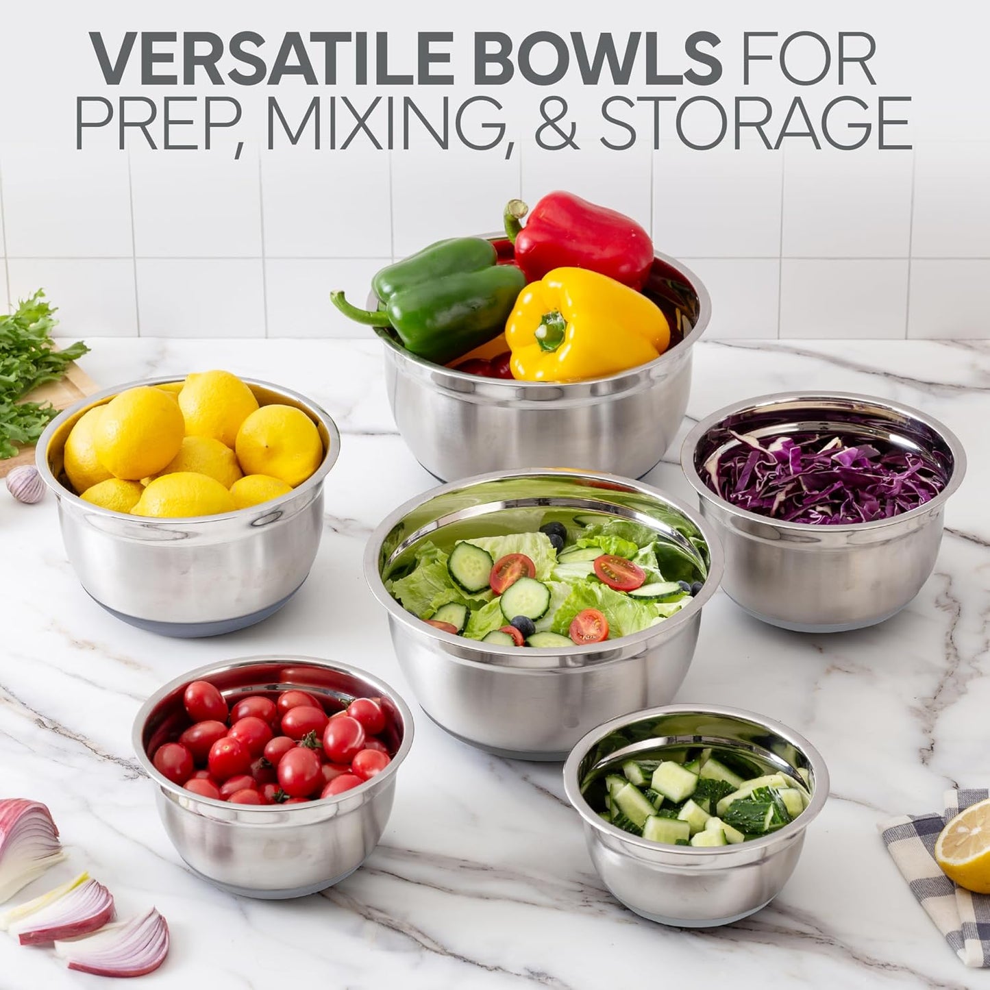 COOK WITH COLOR Stainless Steel Mixing Bowls Set with Lids - Nesting Bowls with Non-Slip Bottom, Sage, 12 Pieces