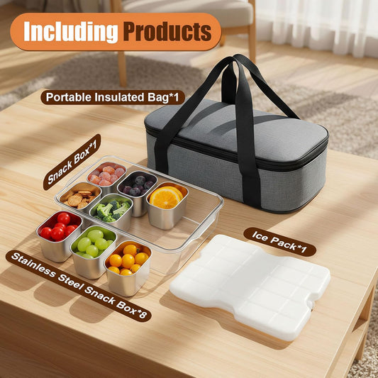 Portable Snackle Box Container with Ice Pack,Snack Container Divided Serving Tray Insulated Bag, Cooling Travel Snacklebox with Lid & Handle,8 Compartment Chilled Serving Tray for Beach,Outdoor,Picnic