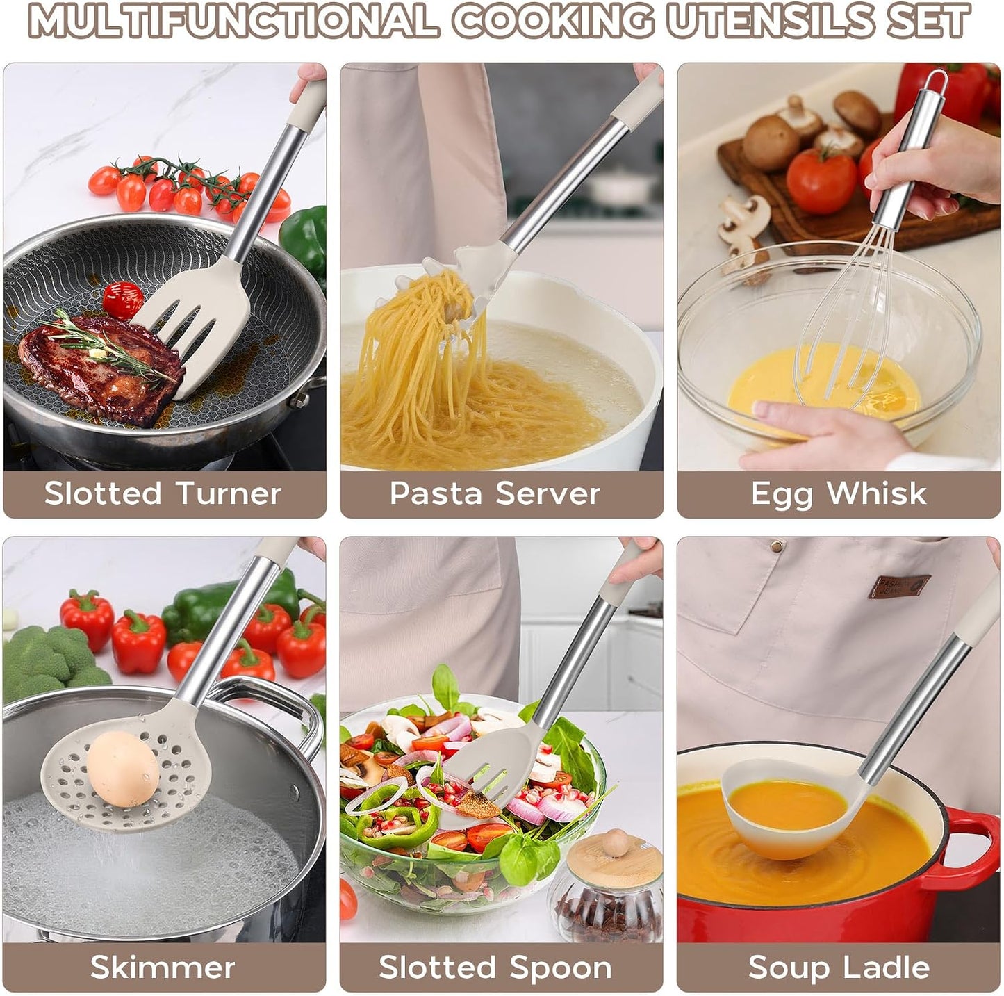 Onader Kitchen Utensils Set, 15 Pcs Silicone Cooking Utensils Set with Holder and Heat Resistant Stainless Steel Handle for Nonstick Cookware - Black