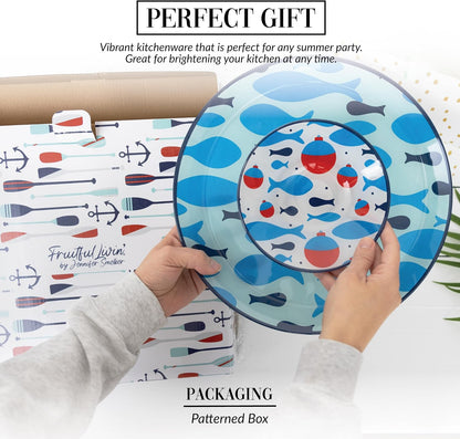 Pavilion Gift Company - Lake - 11.5" Chip Holder with 6" Glass Serving 10 Oz Dip Bowl Fish Fishing Boat Boating Lake Beach Waterfront Ocean Nautical Seaside River Kitchen Decor Summer Serveware
