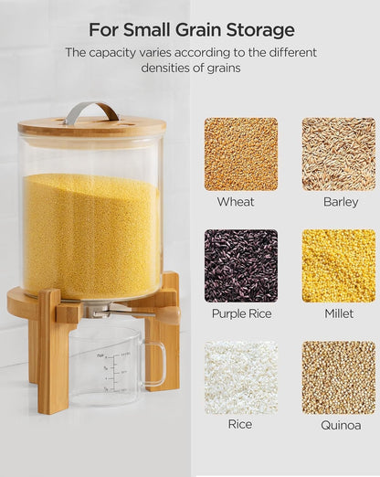 HBlife 5-7 Lbs Glass Rice Dispenser with Wooden Stand Flour and Cereal Container with Glass Measuring Cup Pantry Food Organization Storage Bin with Airtight Bamboo Lid, 3L