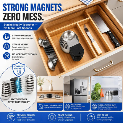 Magnetic Measuring Cups and Spoons Set, Strong N52 Magnets, Heavy Duty 304 Stainless Steel Fits in Spice Jars for Baking & Cooking, BPA Free, Round Set of 15 with Leveler Black