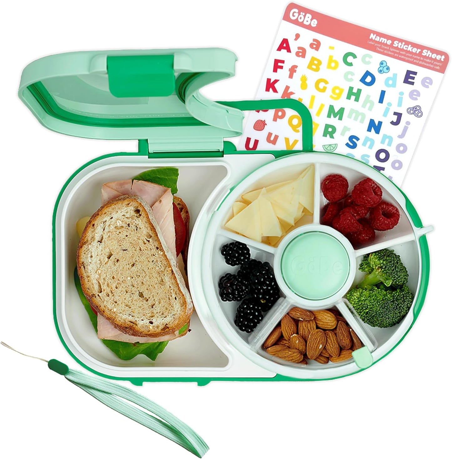 GoBe Kids Lunchbox with Small Snack Spinner Flip - Bundle with Hand Strap & Sticker Sheet, 2-in-1 Bento Style Lunch Container, 5 Small +1 Large Sandwich Compartment, BPA & PVC Free- Macaron Blue