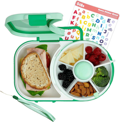 GoBe Kids Lunchbox with Small Snack Spinner Flip - Bundle with Hand Strap & Sticker Sheet, 2-in-1 Bento Style Lunch Container, 5 Small +1 Large Sandwich Compartment, BPA & PVC Free- Macaron Blue