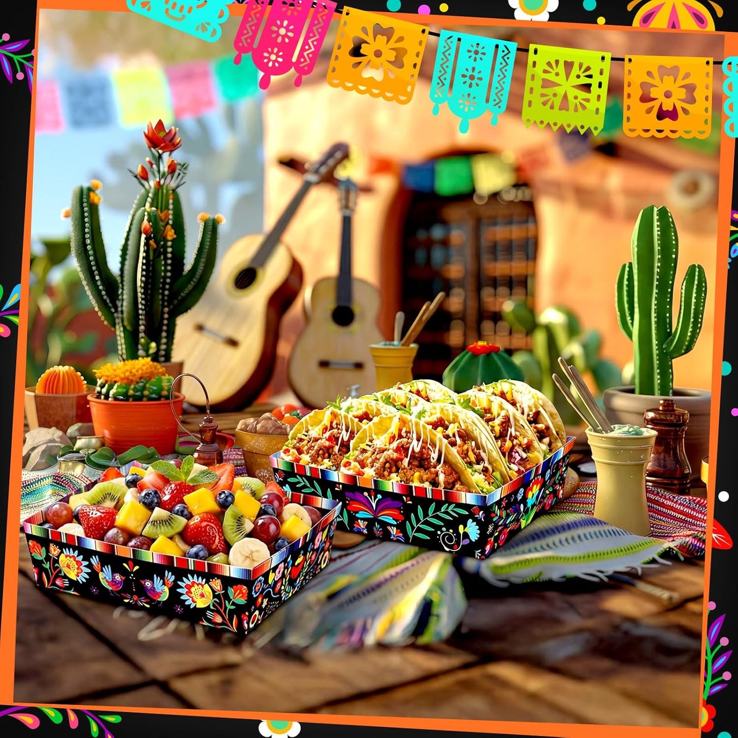 Harloon 36 Pack Mexican Nacho Trays 5 lb Extra Large Mexican Paper Food Trays Fiesta Disposable Cardboard Serving Boats for Cinco De Mayo Taco Fries Snacks Birthday Party Supplies(Floral)