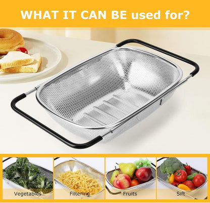 ZDRongZhen Kitchen Accessories Over the Sink Colander Strainer Basket，Stainless Steel Colander with Expandable Rubber Grip Sink Drainer-Rinse Vegetables Fruits &Strain&Drain (Large-Fine mesh)