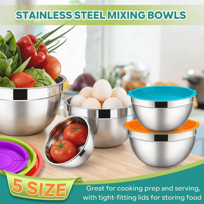 E-far Mixing Bowls With Lids Sets of 5, 10-Piece Stainless Steel Salad Metal Nesting Bowl for Baking Cooking and Prepping, Airtight Lid & Stackable Design, Size 4.6, 3, 2.1, 1.5, 0.7 QT, Black