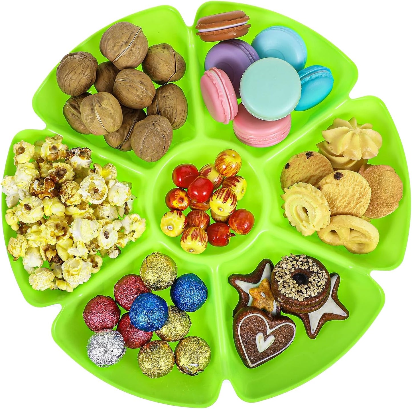 Lemecima 12 Pcs Plastic Snack Serving Tray, 12 Inch Unbreakable Chip and Dip Divided Serving Plates, Round 7 Compartments Multifunctional Food Platter for Snack, Nuts, Candy, Dried Fruit, Veggies